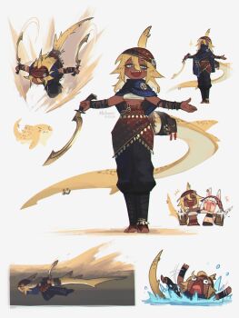 +++ 2girls absurdres artist_name bandana beer_mug blue_eyes chest_sarashi chibi chibi_inset commentary cup dark-skinned_female dark_skin dated dorsal_fin drunk dual_wielding english_commentary fin_piercing fins fish_tail hair_between_eyes highres holding holding_sword holding_weapon khopesh long_tail mug multiple_girls multiple_views original outstretched_arms piercing poncho porforever sand sarashi shark shark_girl shark_tail sharp_teeth spread_arms sword tail tail_ornament tail_piercing teeth underground water weapon wrist_wrap