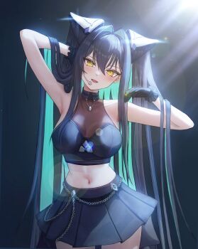 1girl absurdly_long_hair absurdres alternate_costume aqua_hair black_gloves black_hair black_skirt breasts colored_inner_hair commentary_request cowboy_shot gloves goddess_of_victory:_nikke hair_intakes headset highres idol_clothes le_b2772 light_blush little_mermaid_(nikke) long_hair long_sidelocks looking_at_viewer medium_breasts multicolored_hair navel open_mouth pleated_skirt sidelocks skirt smile solo standing thighs two-tone_hair very_long_hair yellow_eyes