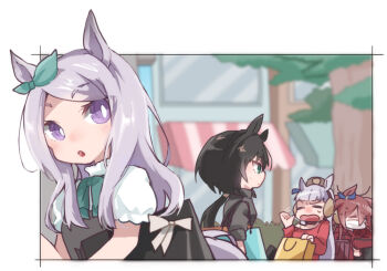 4girls bag beer_hsk black_dress black_hair black_shirt blurry blurry_background brown_hair brown_hat building closed_eyes collared_shirt day depth_of_field dress ear_covers gold_ship_(umamusume) green_eyes grey_hair hair_between_eyes hat hood hood_down hoodie kin'iro_ryotei_(umamusume) long_hair low_ponytail mask mejiro_mcqueen_(umamusume) mini_hat mouth_mask multiple_girls open_mouth orfevre_(old_design)_(umamusume) paper_bag ponytail puffy_short_sleeves puffy_sleeves purple_eyes purple_hair red_hoodie red_shirt shirt short_sleeves sleeveless sleeveless_dress swept_bangs tree umamusume very_long_hair wavy_mouth white_shirt