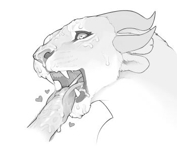 ambiguous_gender charr_(guild_wars) cum cum_in_mouth cum_on_body cum_on_tongue disembodied_penis ejaculation erection facial fangs fellatio furry greyscale guild_wars_(series) heart heart-shaped_eyes horns licking licking_penis monochrome open_mouth oral oral_invitation penis penis_on_tongue simple_background snowskau symbol-shaped_pupils teeth tongue tongue_out white_background