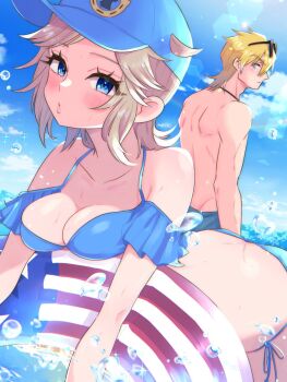 1boy 1girl bikini blonde_hair blue_bikini blue_eyes blue_hat breasts cleavage closed_mouth diego_brando genderswap genderswap_(mtf) hat highres johnny_joestar jojo_no_kimyou_na_bouken long_hair looking_at_viewer steel_ball_run swimsuit yuki_jj