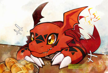 artist_name bread claws colored_skin digimon digimon_(creature) food guilmon highres no_humans orange_eyes red_skin signature solo thwillartz