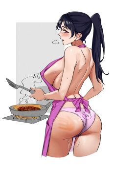 1girl apron ass back black_hair blush breasts bronyangg cooking food from_behind frying_pan handprint high_ponytail highres large_breasts long_hair looking_to_the_side meat naked_apron open_mouth original panties pink_eyes pink_panties ponytail sideboob simple_background slap_mark smoke solo spatula standing stove sweat underwear white_background