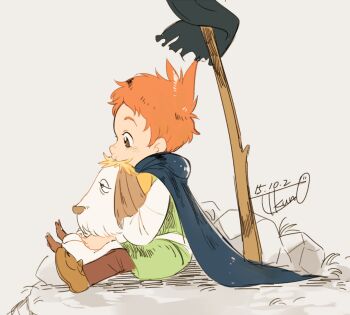 00s 1boy artist_name bad_id bad_twitter_id brown_eyes cape dog grey_background heen howl_no_ugoku_shiro jikuno male_focus markl orange_hair profile rock sitting stick studio_ghibli