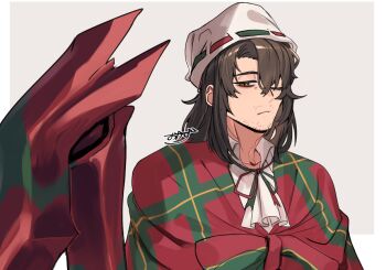 Rule 34 | 1boy, absurdres, alternate costume, arthropod limbs, ascot, bags under eyes, beard stubble, border, bow, brown hair, christmas, christmas nightmare (e.g.o), closed mouth, collarbone, collared shirt, e.g.o (project moon), expressionless, facial hair, frills, frown, glasses, green ribbon, green shawl, gregor (project moon), grey background, hair between eyes, half-closed eye, half-closed eyes, hat, highres, jitome, limbus company, long hair, long sleeves, looking at viewer, looking to the side, low ponytail, male focus, neck ribbon, nightcap, official alternate costume, one eye closed, outside border, parted bangs, plaid bow, plaid clothes, plaid shawl, ponytail, project moon, red ribbon, red shawl, ribbon, sanpaku, serious, shawl, shirt, sidelocks, simple background, solo, stubble, two-tone ribbon, two-tone shawl, upper body, white ascot, white background, white border, white hat, white shirt, wing collar, yellow eyes