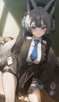 1girl animal_ears arm_behind_back belt black_bag black_gloves black_hat black_jacket black_necktie black_skirt blue_belt blue_eyes blue_necktie blue_ribbon blush breasts closed_mouth collared_shirt commentary_request commission crescent feet_out_of_frame fingerless_gloves gloves grey_hair hair_between_eyes hair_ribbon hat highres id_card indie_virtual_youtuber jacket large_breasts legs long_sleeves looking_at_viewer medium_hair metatarou multicolored_necktie nanao_sakuya necktie open_clothes open_jacket ribbon shirt sitting skeb_commission skirt smile solo tail thigh_strap thighs two-tone_necktie white_shirt wide_sleeves wolf_ears wolf_girl wolf_tail