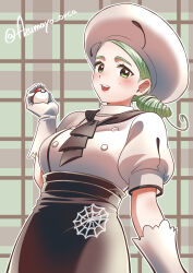 Rule 34 | 1girl, apron, ascot, breasts, brown apron, brown ascot, brown skirt, buttons, chef hat, creatures (company), game freak, green eyes, green hair, hat, highres, katy (pokemon), large breasts, low side ponytail, mole, mole on cheek, nintendo, pokemon, pokemon sv, puffy short sleeves, puffy sleeves, short sleeves, skirt, solo, spider web print, takase asuka, teeth, underbust, upper body, upper teeth only, waist apron