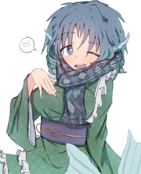 1girl absurdres blue_eyes blue_hair blue_scarf breasts commentary_request drill_hair drill_sidelocks fins green_kimono head_fins heart highres isgod japanese_clothes kimono large_breasts long_sleeves looking_at_viewer mermaid monster_girl one_eye_closed open_mouth scarf short_hair sidelocks simple_background solo spoken_heart teeth touhou upper_teeth_only wakasagihime white_background