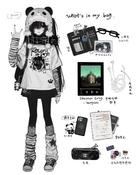 Rule 34 | 1girl, \n/, arm at side, backpack, bag, beanie, black-framed eyewear, black eyes, black hair, black nails, black pantyhose, black scarf, black skirt, candy, cellphone, chinese text, earbuds, earflap beanie, earphones, earphones removed, english text, fang, food, full body, glasses, hair ornament, hair over one eye, hat, highres, layered sleeves, long sleeves, looking at viewer, loose socks, one eye covered, open mouth, original, panda hat, pantyhose, paw print, pencil case, phone, photo (object), pom pom (clothes), pom pom hair ornament, print shirt, scarf, shirt, short over long sleeves, short sleeves, skin fang, skirt, smartphone, socks, striped clothes, unworn eyewear, vertical-striped clothes, white background, white socks, wrapped candy, zi qi xiang