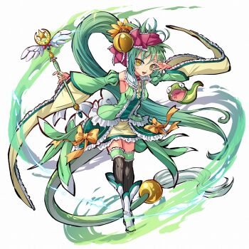 1girl black_thighhighs blush boots bow breasts detached_sleeves dress flower full_body green_hair hair_flower hair_ornament himegami_kagura holding holding_rod long_hair looking_at_viewer medium_breasts ms06s official_art open_mouth outstretched_arm ponytail puffy_sleeves red_bow rod second-party_source shosei_(himegami_kagura) simple_background sleeveless sleeveless_dress smile snake solo standing sunflower tail thighhighs thighs v v_over_eye very_long_hair white_background white_boots wide_sleeves yellow_bow yellow_eyes