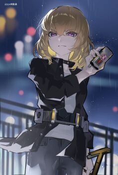 1girl absurdres backlighting bang_dream! bang_dream!_it&#039;s_mygo!!!!! belt black_choker black_jacket blonde_hair blurry blurry_background chinese_commentary choker commentary_request cowboy_shot grey_pants highres holding jacket kamen_rider long_sleeves looking_at_viewer medium_hair misumi_uika night outdoors pants purple_eyes railing rain shirt smile solo white_shirt yyz_bei_lun_sang