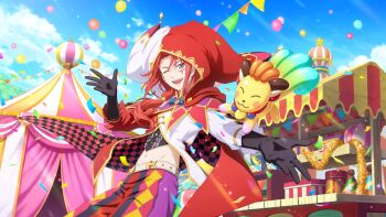 Rule 34 | 1boy, animal balloon, artist request, black gloves, blue eyes, blue sky, character balloon, cloud, commentary, confetti, corrine, cowboy shot, day, elbow gloves, english commentary, festival, game cg, gloves, hat, highres, jester cap, jester costume, long hair, looking at viewer, makeup, multicolored pants, navel, official alternate costume, official art, one eye closed, open mouth, outdoors, pants, red hair, sky, smile, solo, tales of (series), tales of crestoria, tales of symphonia, tent, third-party source, zelos wilder