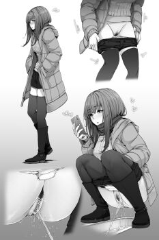 1girl bar_censor blush boots breasts cellphone censored close-up clothes_pull coat cropped_legs female_focus female_pubic_hair flying_sweatdrops from_side full_body gradient_background grey_background greyscale hand_up hands_in_pockets has_bad_revision have_to_pee heart heel_up highres holding holding_phone hood hood_down hooded_coat knee_boots kokomachi long_hair long_sleeves looking_at_phone lower_body medium_breasts monochrome multiple_views nose_blush open_clothes open_coat original panties panty_pull pee peeing phone pubic_hair pussy ribbed_sweater scarf short_shorts shorts shorts_pull sidelocks simple_background smartphone squat_toilet squatting standing sweater thighhighs toilet_use underwear winter_clothes