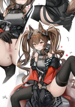 +++ 1boy 1girl absurdres angelina_(arknights) animal_ear_fluff animal_ears anus arknights arknights:_endfield ass black_hair black_shirt black_thighhighs blush bottomless brown_hair censored chinese_text closed_mouth cum cum_in_pussy cumdrip cunnilingus english_text fox_ears fox_girl fox_tail gilberta_(arknights) gloves hair_between_eyes heart hetero highres jacket leg_up multiple_views nopetroto off_shoulder open_clothes open_jacket oral pussy pussy_juice pussy_juice_trail red_jacket shirt short_hair simple_background sitting sitting_on_face sitting_on_person smile spread_legs tail thighhighs thighs tongue tongue_out twintails white_background