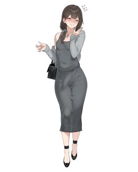 1boy absurdres bag brown_hair closed_eyes closed_mouth covered_penis crossdressing crossdressing_(mtf) dress flying_sweatdrops full_body grey_hair grey_sweater handbag highres in_(ain) jewelry male_focus mature_male necklace original pendant simple_background smile solo sweater tight_clothes tight_dress trap white_background