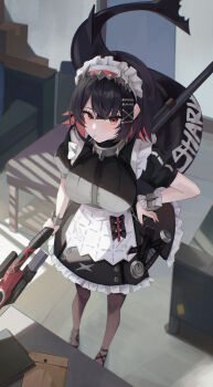 1girl absurdres black_hair blush breasts brown_pantyhose closed_mouth colored_inner_hair commentary_request ellen_joe fins fish_tail hair_between_eyes hand_on_own_hip highres holding holding_weapon large_breasts lollipop_in_mouth looking_at_viewer maho_(m_m_catdog) maid maid_headdress mole mole_under_eye multicolored_hair pantyhose polearm puffy_short_sleeves puffy_sleeves red_eyes red_hair shark_girl shark_tail short_sleeves solo standing tail two-tone_hair weapon zenless_zone_zero