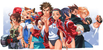 Rule 34 | 3boys, 5girls, ayuhara natsu, ball, black eyes, black hair, blonde hair, blue eyes, bow, bowtie, boxing gloves, brown eyes, brown hair, buruma, capcom, chain, coat, fighting stance, fingerless gloves, gloves, green eyes, helmet, iinchou (justice gakuen), justice gakuen, kazama akira, kazama daigo, leotard, motorcycle helmet, multiple boys, multiple girls, nekketsu hayato, one eye closed, open mouth, purple hair, roy bromwell, scar, sleeves pushed up, smile, star (symbol), takoyaki neko-san, tiffany lords, track suit, volleyball, volleyball (object), wakaba hinata