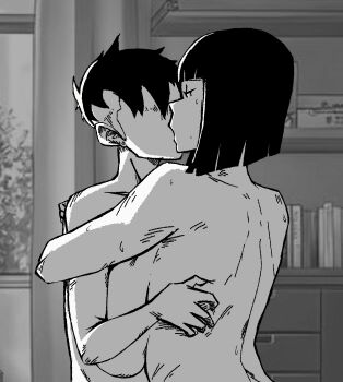 1boy 1girl age_difference akm_(pixiv_id_106652724) back bob_cut boruto:_naruto_next_generations breasts earrings greyscale hetero highres hug hyuuga_hinata incest jewelry kawaki_(boruto) kiss large_breasts monochrome mother_and_son naruto_(series) nude short_hair undercut upper_body
