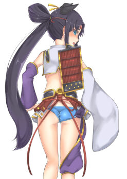 1girl armor ass asymmetrical_sleeves back black_hair black_hat blue_eyes blue_panties blush detached_sleeves fate/grand_order fate_(series) female_focus gloves hair_rings hat japanese_armor kusazuri long_hair looking_back mismatched_sleeves panties pinta_(ayashii_bochi) revealing_clothes shoulder_armor simple_background single_glove sode solo underwear ushiwakamaru_(fate) ushiwakamaru_(second_ascension)_(fate) wedgie white_background