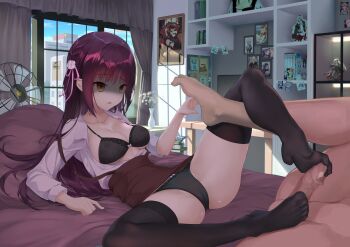 1boy 1girl absurdres akizuki_kanna artist_self-reference black_bra black_hair black_panties black_thighhighs book bra braid breasts brown_skirt cafe_stella_to_shinigami_no_chou cameo censored cleavage closed_mouth collarbone collared_shirt erection feet figure floral_print flower footjob footjob_with_legwear full_body ganyu_(genshin_impact) genshin_impact hair_between_eyes hair_flower hair_ornament hair_ribbon hair_spread_out haku89 hetero high-waist_skirt highres indoors keqing_(genshin_impact) klee_(genshin_impact) large_breasts legs long_hair long_sleeves looking_at_another lying mole mole_under_eye mosaic_censoring murasame_(senren) no_shoes off_shoulder on_back on_bed open_clothes open_shirt panties penis photo_(object) picture_frame pink_ribbon polaroid_photo raiden_shogun ribbon rose rose_print senren_banka shaded_face shiki_natsume shirt side_braid sidelocks skirt smile solo_focus spread_legs suspender_skirt suspenders thighhighs thighs tickling tickling_feet toes two-footed_footjob underwear very_long_hair white_flower white_rose white_shirt x_mouth yae_miko yellow_eyes yuzusoft