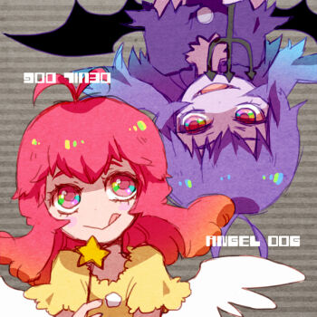 2girls 73_(naa) :> :q angel_dog_(gregory_horror_show) angel_wings antenna_hair blue_hair character_name commentary_request dark_persona demon_wings devil_dog_(gregory_horror_show) dot_nose double-parted_bangs dress dual_persona fangs gradient_hair gregory_horror_show grey_background holding holding_pitchfork holding_wand long_hair looking_at_another multicolored_eyes multicolored_hair multiple_girls orange_hair partially_shaded_face personification pink_hair pitchfork purple_dress purple_hair rainbow_eyes shaded_face short_sleeves smile star_wand striped_background tongue tongue_out wand wings yellow_dress