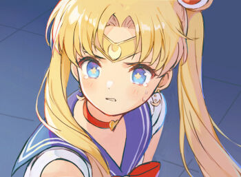 1girl bishoujo_senshi_sailor_moon blonde_hair blue_eyes blue_sailor_collar chocomirukuaji choker circlet crescent derivative_work double_bun hair_bun heart heart_choker long_hair meme portrait red_choker sailor_collar sailor_moon sailor_moon_redraw_challenge_(meme) screenshot_redraw solo star-shaped_pupils star_(symbol) sweat symbol-shaped_pupils tearing_up tsukino_usagi twintails