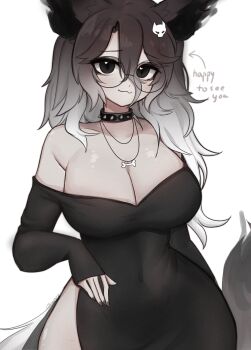 1girl :3 absurdres animal_ears arrow_(symbol) bare_shoulders black_choker black_dress black_eyes breasts choker cleavage closed_mouth commentary cowboy_shot double-parted_bangs dress english_text gradient_hair grey_hair hair_between_eyes hair_ornament heart heart_in_eye highres indie_virtual_youtuber jewelry large_breasts long_hair long_sleeves looking_at_viewer multicolored_hair necklace off-shoulder_dress off_shoulder okariin okariin_(vtuber) simple_background smile solo symbol-only_commentary symbol_in_eye virtual_youtuber white_background wolf_ears wolf_girl