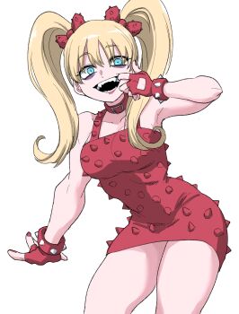 1girl bags_under_eyes belt_collar blonde_hair blue_eyes bow breasts collar commentary dress effie_(street_fighter) fangs finger_in_own_mouth fingerless_gloves gloves hair_bow highres long_hair mouth_pull nail_polish nasu_(ilo_a5) open_mouth red_dress red_gloves red_nails short_dress solo spiked_bow spiked_dress spiked_gloves spikes street_fighter street_fighter_iii_(series) thick_thighs thighs twintails
