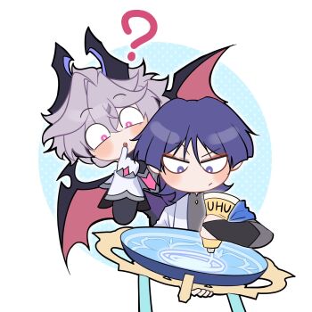 2boys ? armor behind_another black_bodysuit black_cloak black_horns black_sleeves blue_cape blue_hat blunt_ends blush bodysuit bridal_gauntlets bright_pupils cape chest_jewel clenched_hand cloak closed_mouth crossed_bangs diamond-shaped_pupils diamond_(shape) dragon_boy dragon_horns dragon_wings durin_(genshin_impact) eyeliner eyeshadow finger_to_mouth gem genshin_impact gloves gold grey_bridal_gauntlets hair_between_eyes hand_up hat heart-shaped_gem highres holding holding_unworn_clothes holding_unworn_hat horns index_finger_raised japanese_armor japanese_clothes jingasa kimono kote kurokote long_sleeves looking_at_another looking_at_object makeup mandala mandarin_collar multiple_boys open_clothes open_kimono open_mouth pink_gem purple_eyes purple_hair purple_horns purple_vest raised_eyebrow red_eyeliner red_eyeshadow red_wings scaramouche_(genshin_impact) symbol-shaped_pupils teeth two-sided_horns unworn_hat unworn_headwear upper_teeth_only vest viviwi wanderer_(genshin_impact) white_gloves white_kimono white_pupils white_sleeves wings wispy_bangs