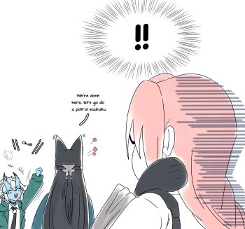 Rule 34 | !, !!, 3girls, absurdres, animal ears, black hair, english text, fox ears, fox girl, highres, horns, hoshimi miyabi, kudayunii, long hair, multiple girls, oni, open mouth, pink hair, short hair, simple background, smile, soukaku (zenless zone zero), speech bubble, tsukishiro yanagi, upper body, white background, white hair, zenless zone zero