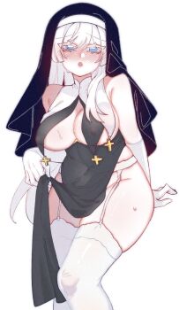 1girl :o alternate_costume bai_(bai2306628053) black_dress black_veil blue_eyes blush breast_curtains breasts covered_erect_nipples cowboy_shot cross dikke_(reverse:1999) dress garter_belt garter_straps gloves large_breasts long_dress long_hair nun nun_headdress pelvic_curtain reverse:1999 skirt_hold solo sweat thick_thighs thighhighs thighs veil white_background white_gloves white_hair white_thighhighs
