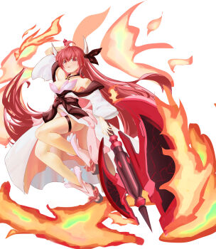 1girl absurdres alternate_breast_size_(larger) axe azur_lane battle_axe breasts commentary_request date_a_live fire highres holding holding_axe horns itsuka_kotori itsuka_kotori_(spirit) japanese_clothes jonerbin2_42 long_hair looking_at_viewer medium_breasts red_eyes red_hair simple_background solo very_long_hair weapon white_background