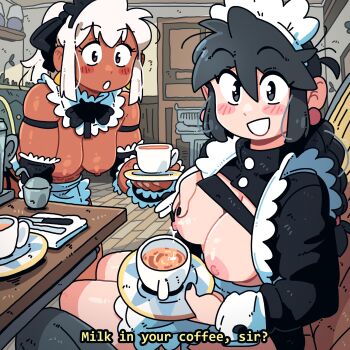 2girls :o apron black_bow black_bowtie black_eyes black_shrug blush_stickers bow bowtie breasts commentary cup dark-skinned_female dark_skin detached_collar english_text grin hair_bow highres holding holding_plate indoors lactating_into_container lactation large_breasts leaning_forward long_hair long_sleeves looking_at_another looking_at_viewer lucia_(scott_malin) maid maid_headdress mask mia_(scott_malin) multiple_girls nipples on_bench open_mouth original plate ponytail scott_malin shrug_(clothing) sitting smile standing table teacup topless_female unconventional_maid untranslatable_commentary waist_apron white_apron white_hair white_mask wide-eyed