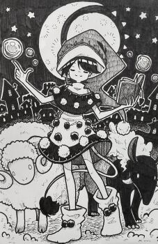 1girl absurdres baku_(creature) blob book boots closed_eyes closed_mouth commentary_request doremy_sweet dream_soul facing_viewer greyscale hat highres holding holding_book horns monochrome nightcap open_book pom_pom_(clothes) sheep smile solo suteruko tail tapir_tail touhou traditional_media