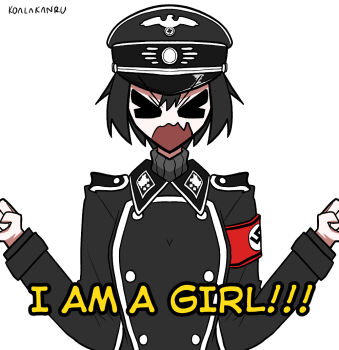 1girl artist_name black_hair black_hat closed_eyes english_text fang hair_between_eyes hat jacket koalakanru looking_at_viewer military_hat military_uniform nazi open_mouth original peaked_cap reichsadler short_hair shouting solo sven_hoffmann swastika talking waffen-ss