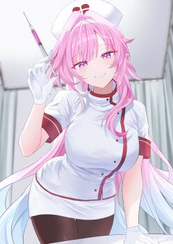 1girl absurdres alternate_costume black_pantyhose blue_hair blush breasts commentary cyrene_(demiurge)_(honkai:_star_rail) cyrene_(honkai:_star_rail) diamond-shaped_pupils diamond_(shape) dress gloves gradient_hair hat highres holding holding_syringe honkai:_star_rail honkai_(series) indoors large_breasts looking_at_viewer multicolored_hair nurse nurse_cap pantyhose parted_lips pink_hair pointy_ears purple_eyes seno_(senohime) sidelocks smile solo symbol-only_commentary symbol-shaped_pupils syringe white_dress white_gloves