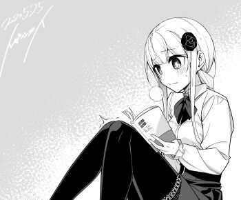 1girl absurdres black_socks black_thighhighs blush book bow bowtie braid braided_ponytail breasts closed_mouth collared_shirt female_focus flower flower_on_head gotokuayashi hair_flower hair_ornament high-waist_skirt highres holding holding_book holding_manga large_breasts long_hair long_sleeves manga_(object) mashiro_madoka miniskirt monochrome neckerchief official_art orgasm pleated_skirt reading sensei_ore_ni_kamawazu_itte_kudasai!! shirt shirt_tucked_in sitting skirt socks solo solo_focus sweat sweatdrop thighhighs