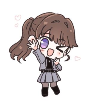 >_o 1girl ;d arm_up black_boots black_sweater blush boots chibi chibi_only clenched_hand commentary_request earrings formal_clothes fujishima_megumi fujishima_megumi_(post-graduation) full_body grey_jacket grey_skirt heart heart_earrings heart_necklace hellomegu! jacket jewelry knee_boots link!_like!_love_live! looking_at_viewer love_live! miniskirt necklace one_eye_closed open_clothes open_hand open_jacket open_mouth pleated_skirt ponytail purple_eyes skirt skirt_suit smile solo standing suit suit_jacket sweater virtual_youtuber watage_modoki