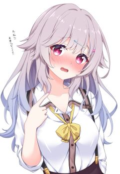 1girl arm_at_side blush bow bowtie brown_skirt collarbone commentary confession embarrassed eyes_visible_through_hair furrowed_brow grey_hair gyaru hair_between_eyes hair_intakes hair_ornament hairclip hand_up index_finger_raised kinoshita_kaede kogal long_hair long_sleeves mizuka_academy_school_uniform nail_polish nose_blush open_mouth pointing pointing_at_self purple_nails red_eyes red_pupils school_uniform shirt sidelocks simple_background skirt sleeves_rolled_up solo suspender_skirt suspenders sweatdrop tareme tenshi_souzou_re-boot! translated upper_body white_background white_shirt yamichi_(yamichi8369) yellow_bow yellow_bowtie