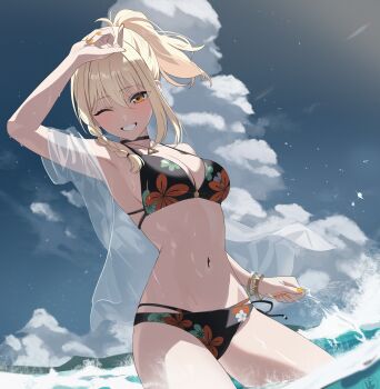 1girl absurdres arm_up armpits bikini black_bikini blonde_hair bracelet breasts candy_man cleavage cloud cloudy_sky commentary_request cumulonimbus_cloud day fingernails floral_print floral_print_bikini highres jewelry looking_at_viewer love_live! love_live!_nijigasaki_high_school_idol_club medium_breasts miyashita_ai nail_polish navel one_eye_closed orange_eyes outdoors ponytail print_bikini sky solo stomach swimsuit teeth triangle_bikini_top wet yellow_nails