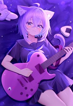 1girl absurdres ahoge animal_ears cat_ears cat_girl cat_tail commentary felixkohai food guitar highres holding holding_guitar holding_instrument hololive instrument lying nekomata_okayu okanyan_(nekomata_okayu) on_back onigiri purple_eyes purple_hair purple_nails sailor_collar signature smile tail virtual_youtuber
