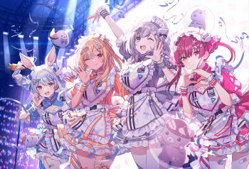 Rule 34 | 4girls, ;), ;d, animal ears, apron, arm up, blonde hair, blue dress, closed mouth, concert, dan'in-san (shirogane noel), dress, elf, elfriend (shiranui flare), frilled apron, frilled dress, frills, grey dress, grey hair, half-heart hands, hand up, hands up, heart, heart hands, hechima (issindotai), heterochromia, highres, hololive, houshou marine, long hair, long sleeves, looking at viewer, maid, maid apron, maid headdress, multiple girls, official alternate costume, official art, one eye closed, open mouth, orange dress, outstretched arm, pekomon (usada pekora), pink dress, pointy ears, puffy short sleeves, puffy sleeves, rabbit ears, rabbit girl, red hair, second-party source, shiranui flare, shirogane noel, short sleeves, smile, teeth, upper teeth only, usada pekora, virtual youtuber, waving, white apron, wrist cuffs