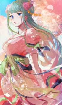 1girl aqua_hair bare_shoulders blue_eyes blunt_bangs blush closed_mouth commentary_request floating_clothes green_sash hair_bun highres kouzuki_hiyori long_hair looking_at_viewer one_piece p4p_q sash sidelocks solo