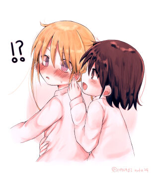 !? 2girls arm_around_waist artist_name bad_id bad_pixiv_id blonde_hair blush brown_hair hanabi_(yuruneko0624) highres kill_me_baby multiple_girls oribe_yasuna pajamas short_hair sonya_(kill_me_baby) sweatdrop twintails whispering yuri