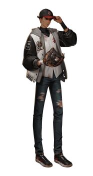 1boy absurdres artist_request ball bandaged_wrist bandages baseball_(object) baseball_cap baseball_glove black_survival blood blood_on_clothes blood_on_face bloody_bandages brown_hair commentary denim english_commentary green_eyes hat highres jacket jeans official_art pants solo standing third-party_source torn_clothes torn_jeans torn_pants transparent_background william_benson