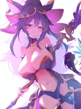 1girl 25omega25 :3 bare_shoulders bell breasts cleavage closed_mouth commentary_request commission cowboy_shot elbow_gloves gloves hat highres holding holding_staff huge_breasts jingle_bell kerberos_blade long_hair looking_at_viewer mage_staff navel neck_bell nekoyashiki_chimaki purple_eyes purple_hair revealing_clothes simple_background single_elbow_glove skeb_commission smile solo staff white_background witch witch_hat