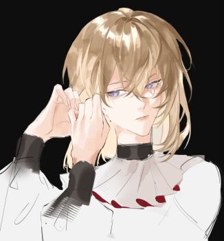 1girl bang_dream! bang_dream!_it&#039;s_mygo!!!!! black_background blonde_hair blue_eyes closed_mouth commentary doloris_(bang_dream!) earrings hair_between_eyes hashtag-only_commentary highres jewelry medium_hair misumi_uika putaooking putting_on_earrings putting_on_jewelry simple_background solo upper_body