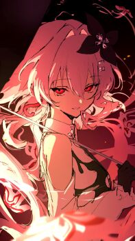 Rule 34 | 1girl, aktkskr, clothing cutout, collar, commentary request, earrings, evernight (honkai: star rail), evey (honkai: star rail), flower, from side, gloves, glowing, hair flower, hair ornament, hairclip, highres, holding, holding umbrella, honkai: star rail, honkai (series), jewelry, long hair, looking at viewer, march 7th (honkai: star rail), memosprite, parallel hairclips, pink hair, red background, red eyes, shoulder cutout, single earring, smile, umbrella, upper body