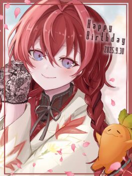 Rule 34 | 1girl, :3, amanokaguyama, ange katrina, ange katrina (new year), black gloves, blush, border, braid, closed mouth, commentary request, creature, dated, diamond-shaped pupils, diamond (shape), english text, falling petals, floral print gloves, gloves, hair between eyes, hair intakes, hands up, happy birthday, highres, japanese clothes, kimono, lace, lace gloves, lips, long sleeves, looking at viewer, low twin braids, mandragora, mandragora (ange katrina), nijisanji, outside border, own hands together, petals, pink petals, purple eyes, red border, red hair, red kimono, see-through clothes, see-through gloves, smile, symbol-shaped pupils, twin braids, two-tone kimono, upper body, virtual youtuber, white kimono