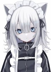 Rule 34 | 1girl, :&lt;, absurdres, animal ears, arms at sides, black jacket, black ribbon, blue eyes, cat ears, cat girl, closed mouth, dot nose, hair between eyes, hair ribbon, highres, jacket, jersey maid, long hair, long sleeves, looking at viewer, maid, maid headdress, original, ribbon, simple background, solo, squallea, striped clothes, striped jacket, track jacket, unconventional maid, upper body, white background, white hair, zipper